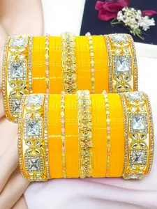 BeautyTrends Set Of 50 Gold-Plated Kundan Studded & Artificial Beaded Chuda Bangles