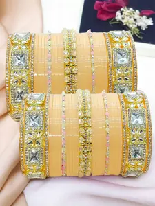 BeautyTrends Set Of 50 Gold-Plated Kundan Studded & Artificial Beaded Chuda Bangles