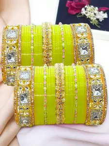 BeautyTrends Set Of 50 Gold-Plated Kundan Studded & Artificial Beaded Chuda Bangles
