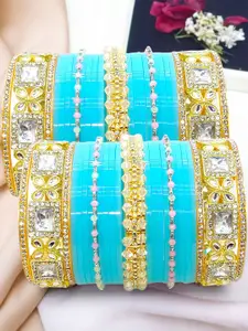 BeautyTrends Set Of 50 Gold-Plated Kundan Studded & Artificial Beaded Chuda Bangles