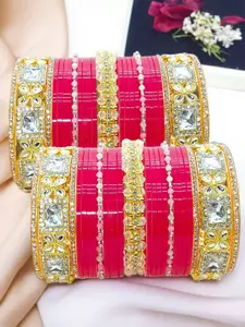 BeautyTrends Set Of 50 Gold-Plated Kundan Studded & Artificial Beaded Chuda Bangles