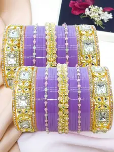 BeautyTrends Set Of 50 Gold-Plated Kundan Studded & Artificial Beaded Chuda Bangles