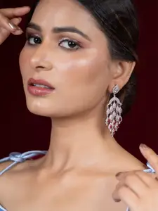 Niscka Silver-Plated Artificial Stones Studded Contemporary Shaped Drop Earrings