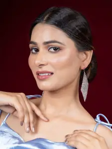 Niscka Silver-Plated Artificial Stones Studded Geometric Shaped Drop Earrings