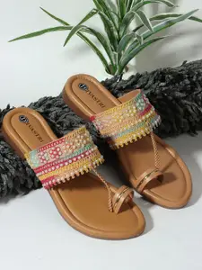 DIVASTRI Women Beige Embellished Ethnic One Toe Flats