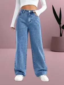 RIVI Women Comfort Wide Leg High-Rise Light Fade Acid Wash Stretchable Jeans