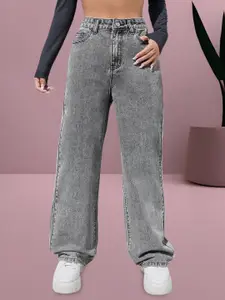 RIVI Women Comfort Wide Leg High-Rise Light Fade Acid Wash Stretchable Jeans