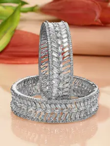 Rubans Set of 2 Rhodium-Plated White Cubic Zirconia Studded Leaf Design Premium Bangles