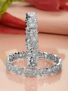 Rubans Set of 2 Rhodium-Plated Cubic Zirconia Studded Floral Pattern Premium Bangles
