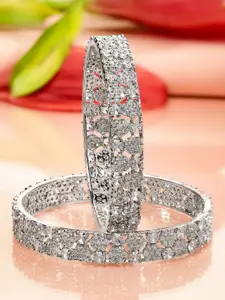 Rubans Set of 2 Rhodium-Plated AAA Cubic Zirconia Studded Handcrafted Premium Bangles