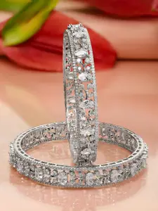 Rubans Set of 2 Rhodium-Plated Cubic Zirconia Studded Floral Premium Bangles