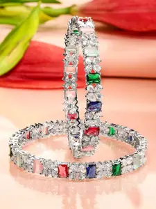 Rubans Set of 2 Rhodium-Plated Multicolor AD & Cubic Zirconia Studded Floral Bangles