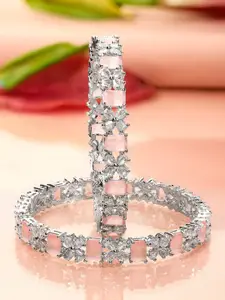 Rubans Set of 2 Rhodium-Plated Pastel Pink & White Cubic Zirconia Studded Floral Bangles