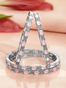 Rubans Set of 4 Rhodium Plated Pastel Pink & White Cubic Zirconia Studded Premium Bangles