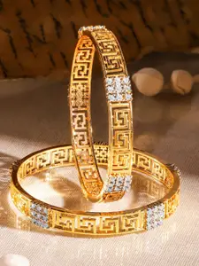 Rubans Set of 2 22K Gold-Plated Greek Key Design & Cubic Zirconia Handcrafted Bangles
