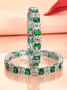 Rubans Set of 2 Rhodium-Plated Emerald Green & White Cubic Zirconia Studded Floral Bangles