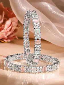 Rubans Set of 2 Rhodium-Plated Pastel Green & Pink Cubic Zirconia Studded Premium Bangles