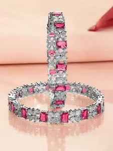 Rubans Set of 2 Rhodium-Plated Ruby Pink & White Cubic Zirconia Studded Bangles