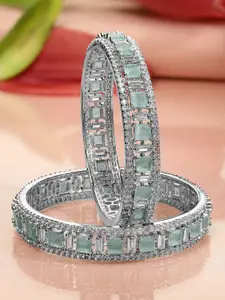 Rubans Set of 2 Silver-Plated Mint Green & White Cubic Zirconia Studded Premium Bangles
