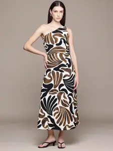 MANGO Printed One Shoulder A-Line Midi Dress