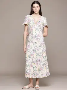 MANGO Floral Print A-Line Midi Dress