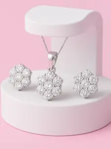 Zisthi 925 Sterling Silver Rhodium-Plated Floral Sparkle Pendant & Studs Set