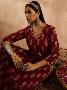 Indo Era Floral Printed V-Neck Pure Cotton Thread Work Straight Kurta