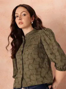 all about you Floral Embroidered Puff Sleeve Pure Cotton Schiffli Shirt Style Crop Top