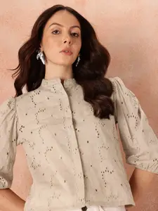 all about you Floral Embroidered Puff Sleeve Pure Cotton Schiffli Shirt Style Crop Top