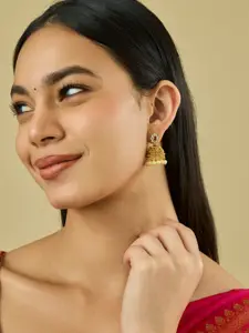 Kushal's Fashion Jewellery Gold Plated Ruby Studded Dome Shaped Jhumkas Earrings