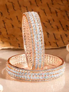 Rubans Set of 2 22K Rose Gold-Plated Cubic Zirconia Leaf Motif Handcrafted Luxe Bangles