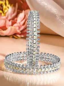 Rubans Set of 2 Rhodium-Plated White & Mint Green Cubic Zirconia Handcrafted Luxe Bangles