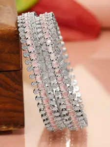 Rubans Set of 2 Rhodium-Plated Pastel Pink & White Cubic Zirconia Studded Luxe Bangles