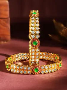 Rubans Set Of 2 24K Gold-Plated Ruby & Emerald Kundan & Cubic Zirconia Studded Bangles