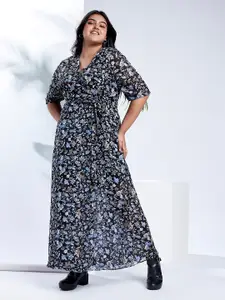 Globus Gloplus V-Neck Floral Print Waist Tie-Up Plus Size Maxi Party Wrap Dress
