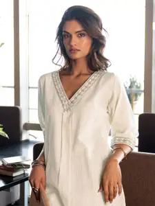 Libas Woven Design V-Neck Pure Cotton Straight Kurta