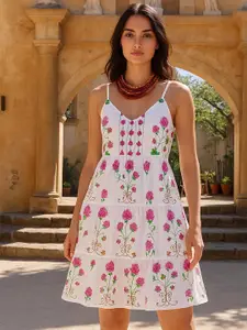 Pink Paprika by SASSAFRAS Women Floral Printed V-Neck  Fit & Flare Above Knee Dress