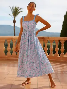 Pink Paprika by SASSAFRAS Women Printed Tie-Up Neck Fit & Flare Midi Dress