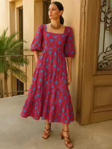 Pink Paprika by SASSAFRAS Floral Print Puff Sleeve Fit & Flare Midi Dress