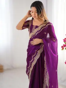 Satrani Ethnic Motifs Embroidered Sequinned Pure Chiffon Saree