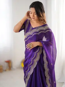 Satrani Women Pure Chiffon Embroidered Scalloped Saree With Unstitched Blouse Piece