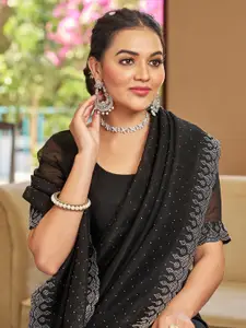 Satrani Beads and Stones Embellished Chiffon Saree With Unstitched Blouse Piece