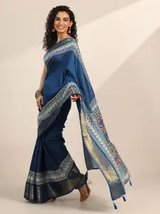Libas Teal Blue solid saree with a solid blouse piece
