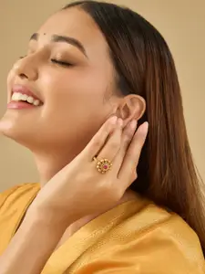 Kushal's Fashion Jewellery Gold-Plated Ruby Studded Ethnic Antique Finger Ring