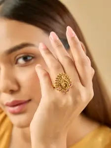 Kushal's Fashion Jewellery Gold-Plated Artificial Stones Studded Antique Finger Ring