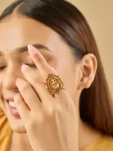 Kushal's Fashion Jewellery Gold-Plated Ruby Stones Studded Ethnic Antique Finger Ring