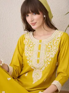 Indo Era Floral Embroidered Thread Work Cotton Straight Kurta