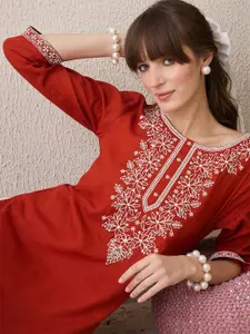 Indo Era Floral Yoke Design Thread Work Cotton Straight Kurta