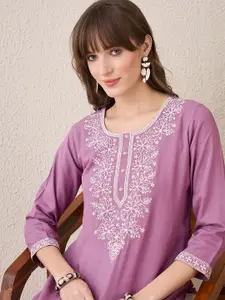 Indo Era Floral Embroidered Thread Work Straight Kurta
