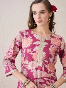 Indo Era Floral Printed Notch Neck Thread Work Cotton Straight Kurta
